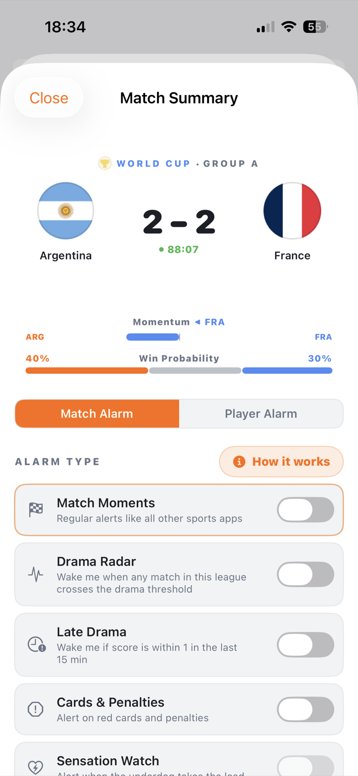 Alarm configuration sheet with toggles for drama radar, late drama and more