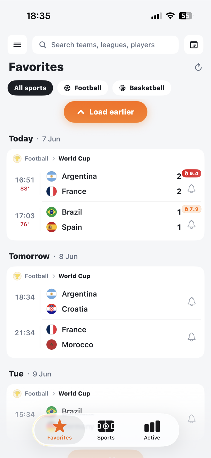 Favorites feed grouped by date with World Cup matches and drama scores