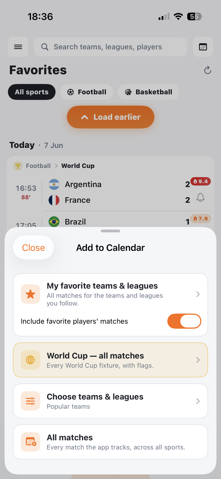 Add to favorites sheet for syncing teams and leagues